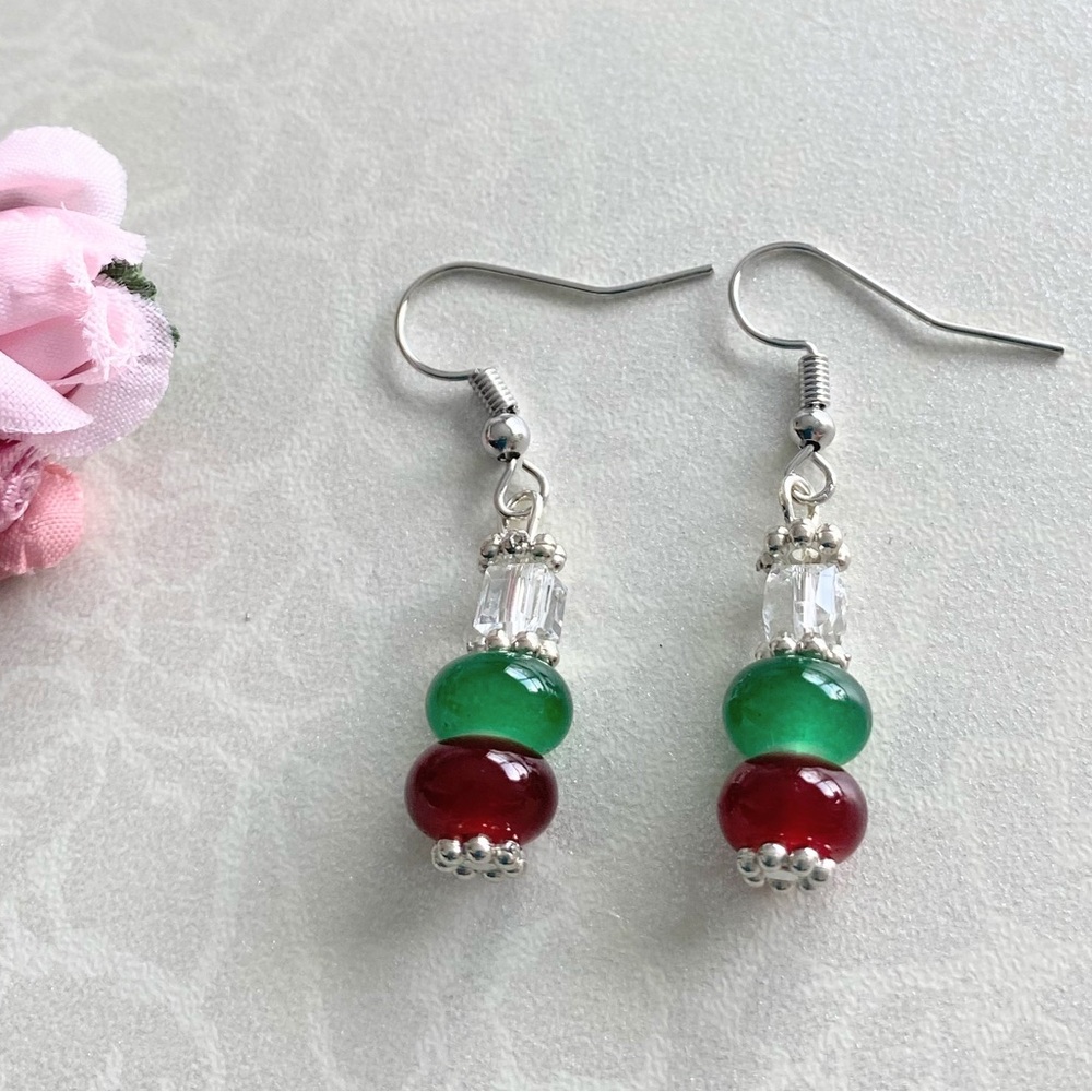 Handmade Green and Red Glass Bead Drop Earrings